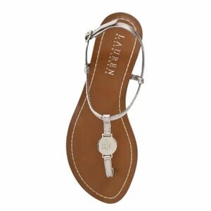 Lauren Ralph Lauren Aimon Size 10 Metallic Silver T-Strap Sandal Flat RL Logo